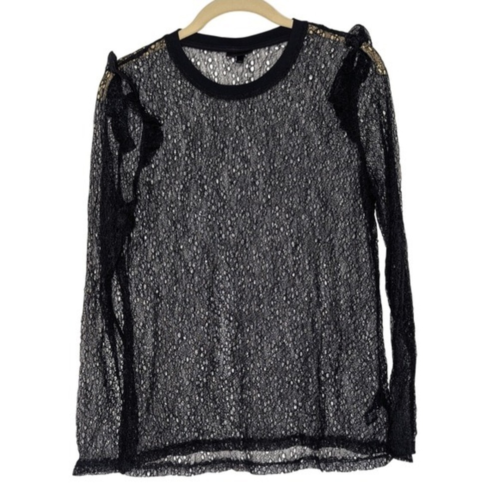 Who What Wear Ruffled Black Mesh Long Sleeve Top‎